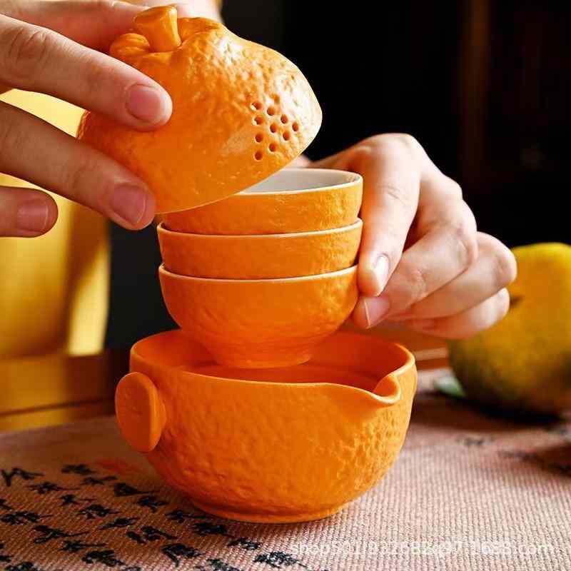 茶器 陶器 旅行茶器セット 携帯式 急須 湯呑み 功夫茶 蜜柑 ティーポット 茶葉 道具 収納バッグ付き アウトドア 普段使い