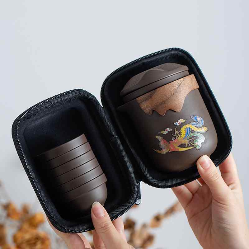 茶器 紫砂 急須 湯呑み 6客 セット 携帯用 旅行用 記念品 ギフト 胡桃木 手抓壺 新中式