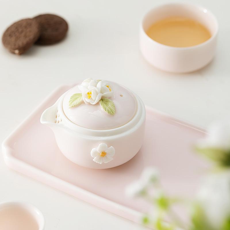 茶器 携帯用茶器セット 陶器 功夫茶器 ミニサイズ 春花柄 ピンク系 アウトドア 旅行