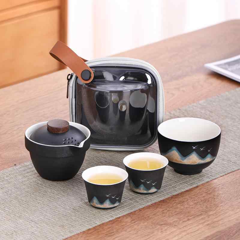 茶器 手彩釉画 ポータブル 茶器セット 陶瓷 ティーセット 1?3杯 携帯式 ?外 湯呑み