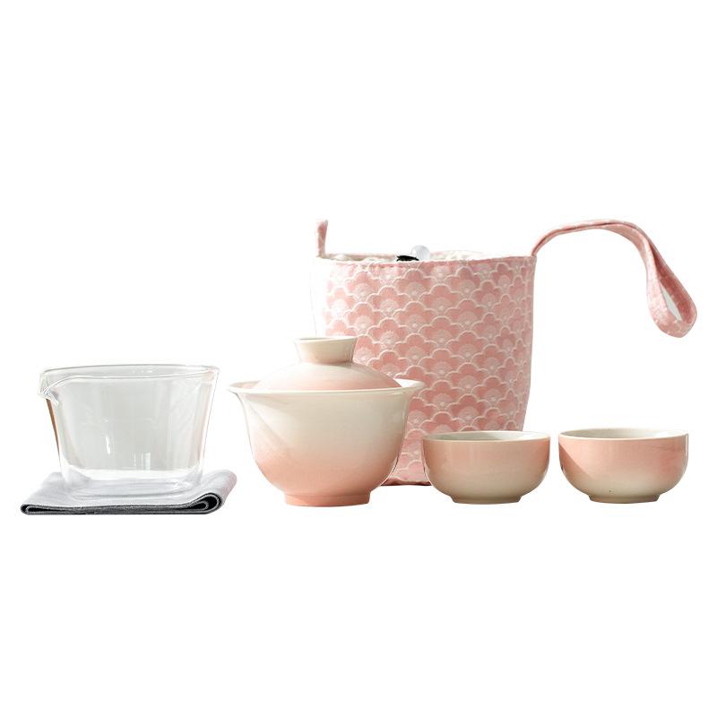 茶器セット レディース メンズ 陶器 草木灰釉 グラデーション 携帯式 功夫茶 蓋碗 快客杯 140ml 2客 湯呑み ティーセット シンプル かわいい ピンク系 ブルー系