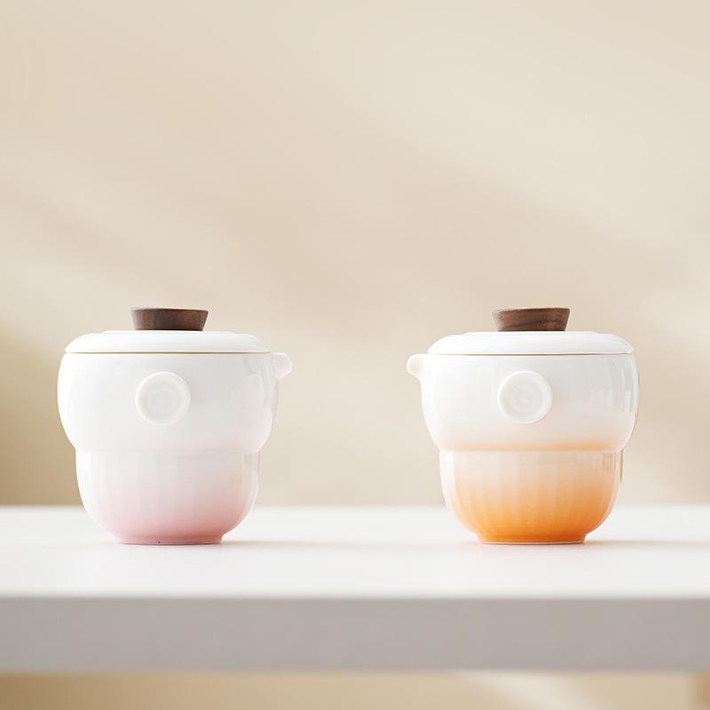 茶器 陶器 ティーセット 携帯用 ミニ茶器セット アウトドア 旅行用 急須 湯呑み 2個セット 贈り物 ギフト オレンジ ピンク