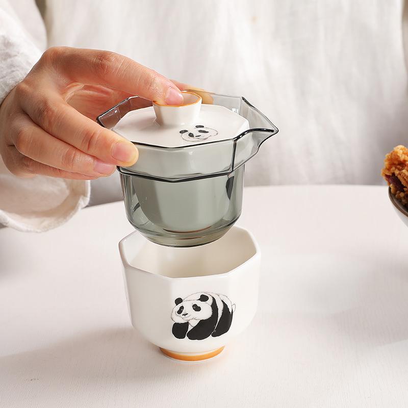 茶器セット 旅行用 携帯式 ティーセット 陶器 ガラス 急須 湯呑み パンダ柄 アウトドア