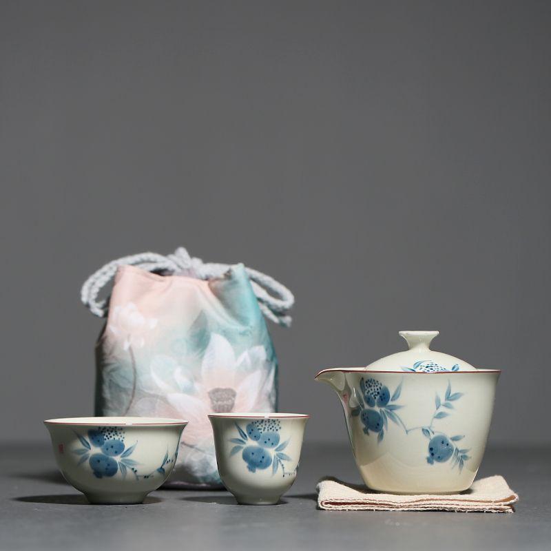 茶器セット 携帯用 新中式 手描き 石榴柄 ティーセット 収納袋付き 陶器 急須 湯呑み ミニ コンパクト アウトドア キャンプ 8,129円