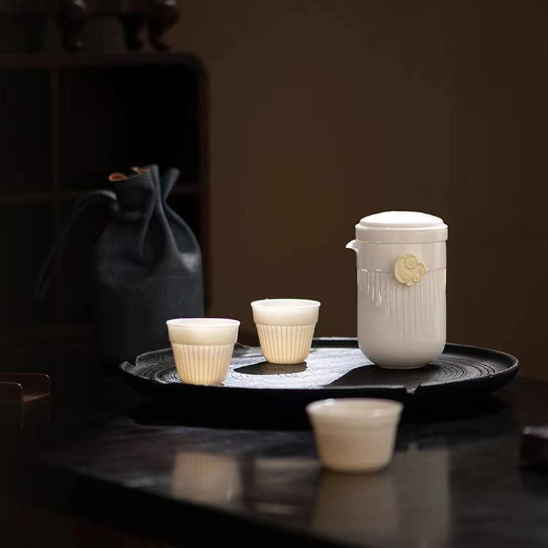 携帯用茶器セット 陶器 急須 湯呑み 3点セット オフィス用 功夫茶 ティーセット アウトドア 旅行 ミニ コンパクト 祥龍如意