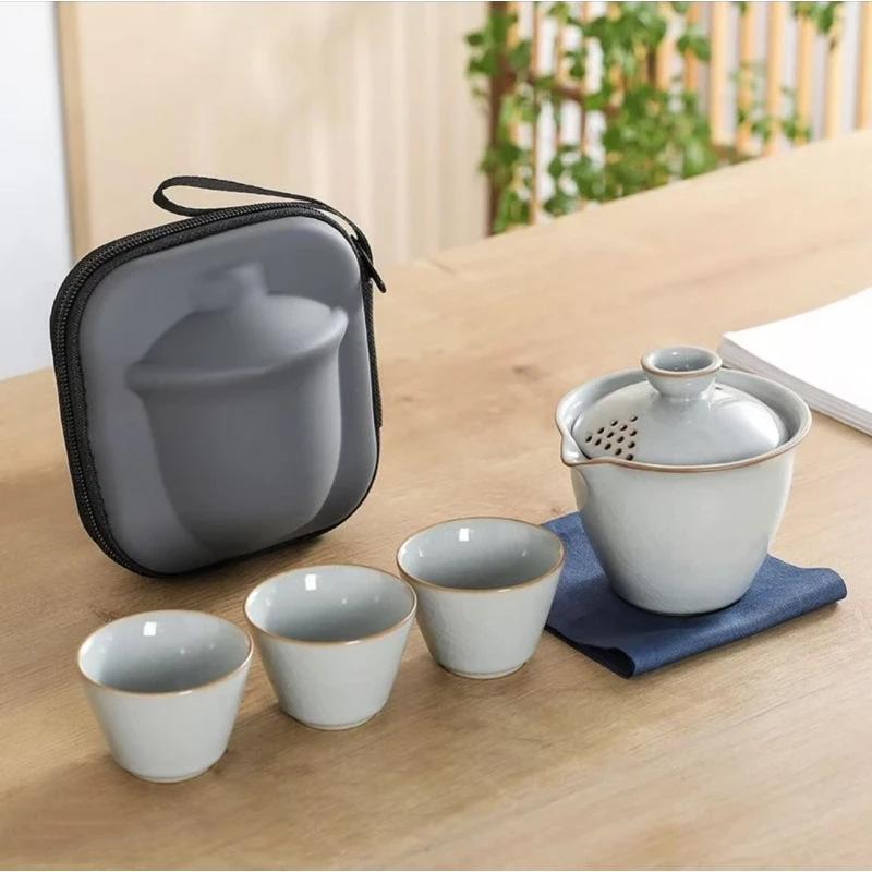 中国古美術・宋汝窯款天青釉「寿成殿」銀口盞托茶器セット・木箱付