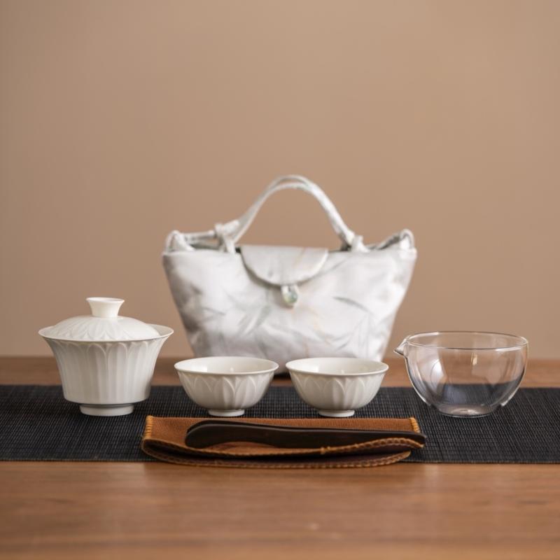 茶器セット 陶器 蓮花 蓋碗 湯呑み 携帯用 茶道具 竹影清風 刺繍手提げバッグ付き 茶器 175ml