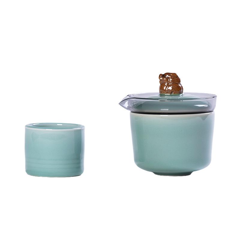 茶器 携帯用茶器セット 青磁 快客杯 陶器 1人用 湯呑み 急須 ティーセット アウトドア キャンプ 旅行