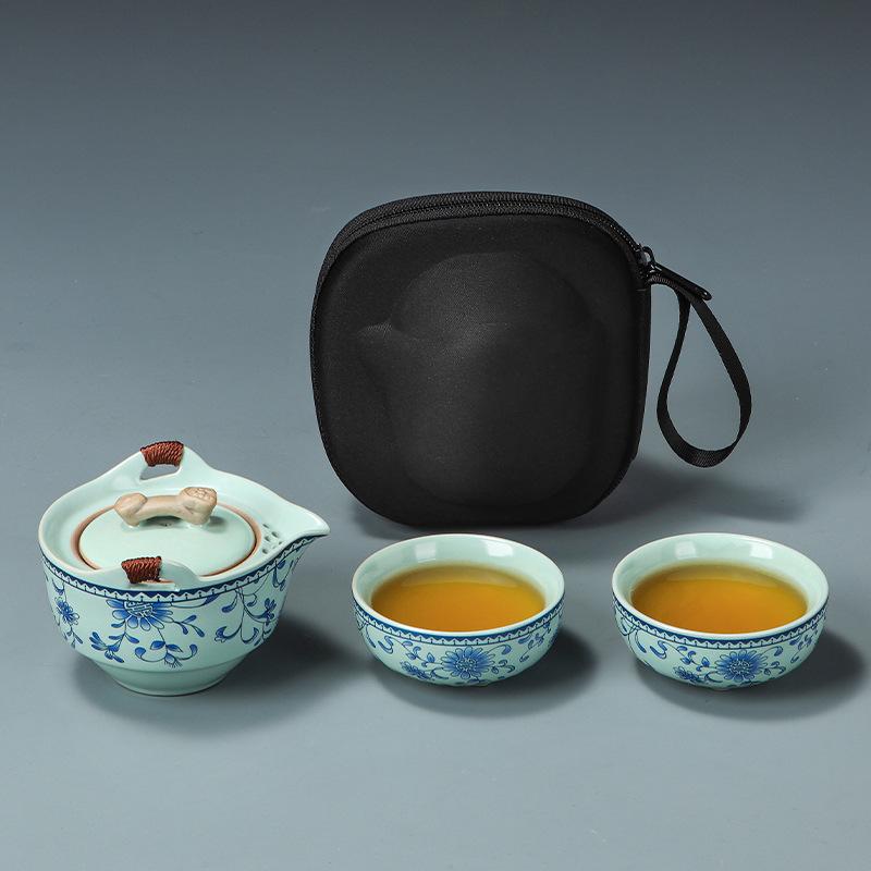 茶器 汝? 天青 携帯型 茶器セット ティーポット カップ 2個付き 茶こし付き 陶器 ?? 格調
