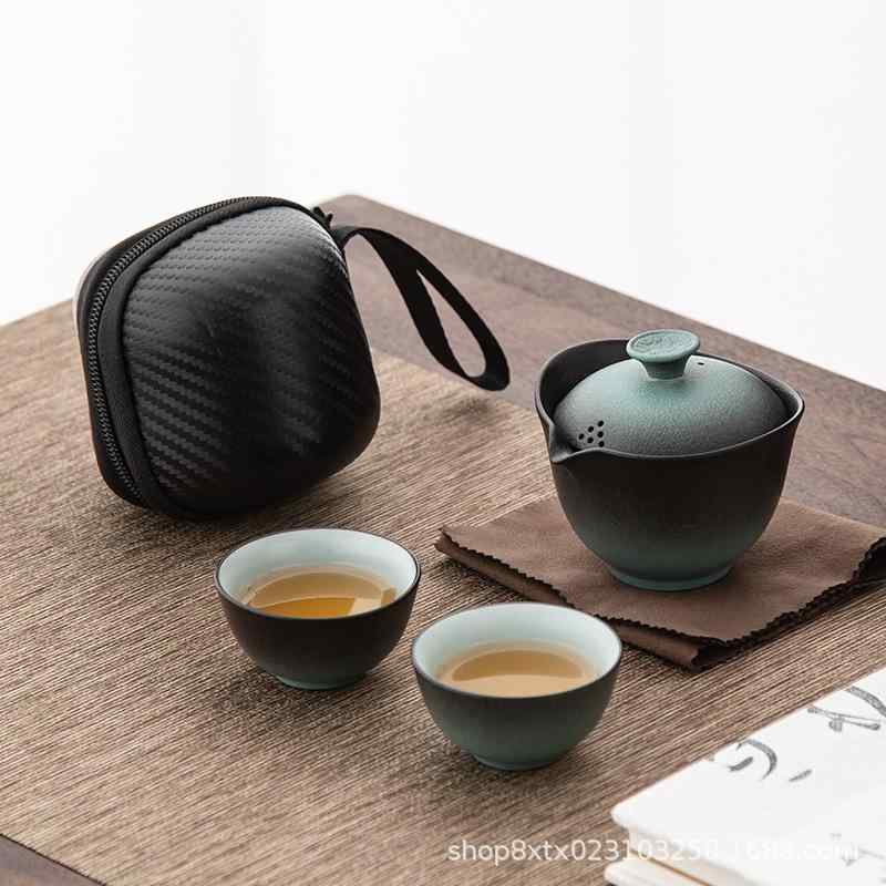 茶器 携帯用茶器セット 陶器 急須 湯呑み 2客 アウトドア 簡素 ティーセット 元宝 快客杯 グラデーション 黒色