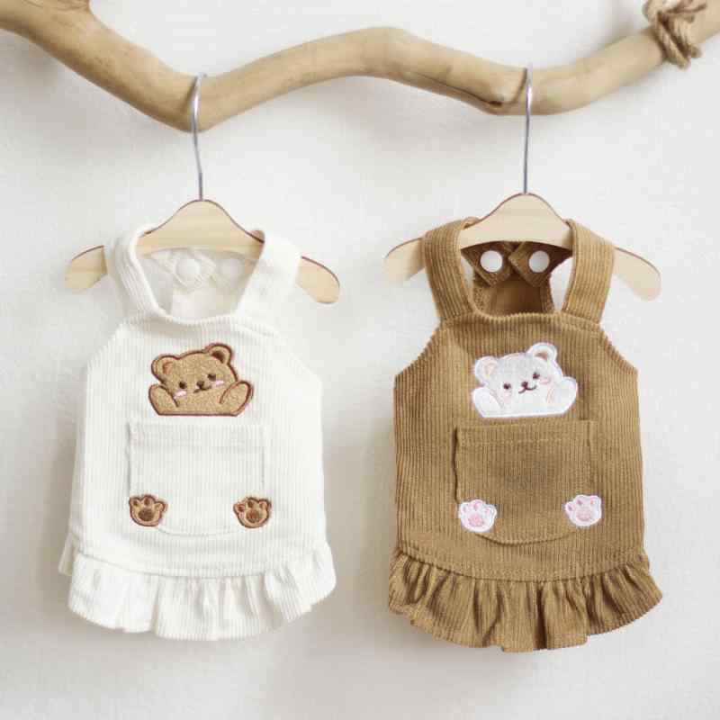 ペット服 猫 犬 服 背負い紐付き スカート 秋冬 フリル袖 コーデュロイ かわいい プリンセス スカート 白 ホワイト 茶色 ブラウン 小型犬 中型犬