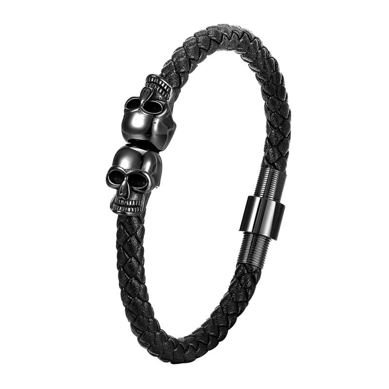 ブレスレット メンズ スカル ドクロ 髑髏 チタン鋼 レザー 腕輪 編み込み シンプル 白色 黒色 金色