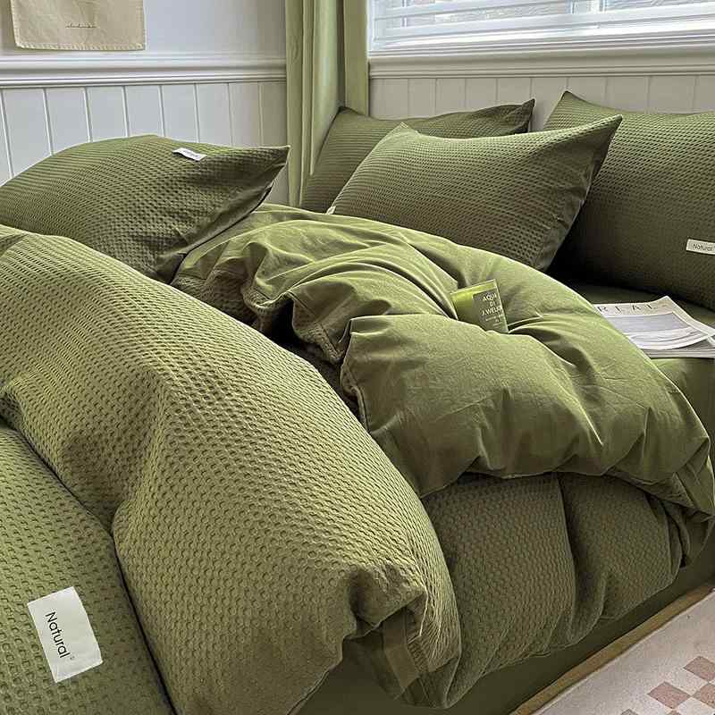 ベッド用品 4点セット シングル セミダブル 寝具カバーセット ワッフル生地 綿100％ ベッドシーツ 掛け布団カバー 枕カバー 40番手 活性染料 モダン シンプル