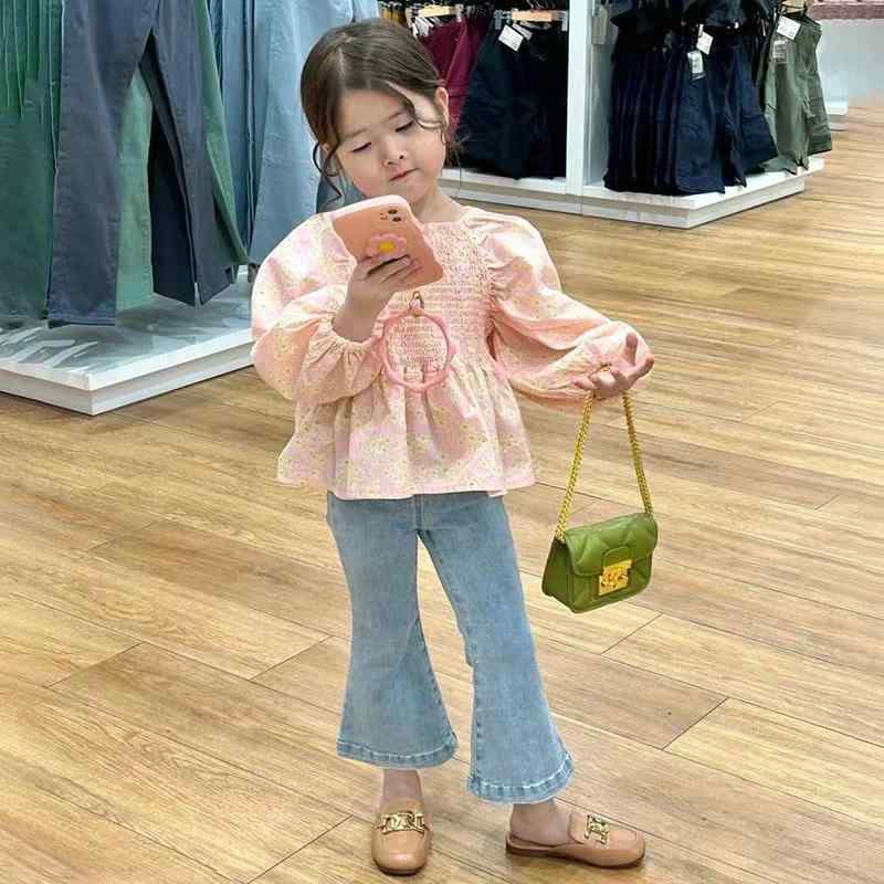 子供用セットアップ 長袖花柄ブラウス デニムフレアパンツ ガールズ 女児 春秋 2点セット かわいい 普段着 おしゃれ着 90 100 110 120 130 140