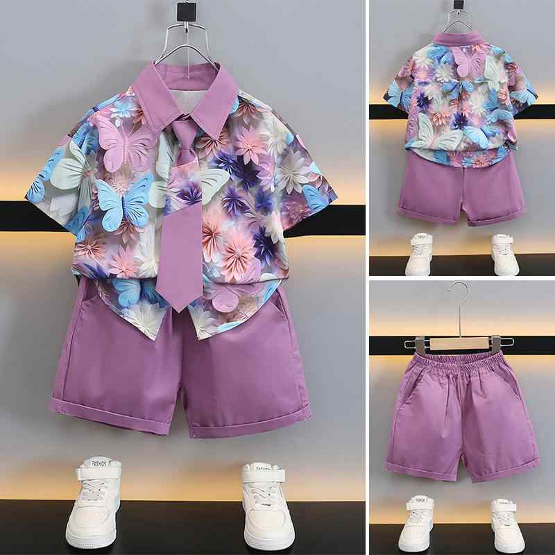 シャツ キッズ 男の子 半袖シャツ ショートパンツ セットアップ 子供服 夏 薄手 韓国風 通園 通学 普段着 パープル