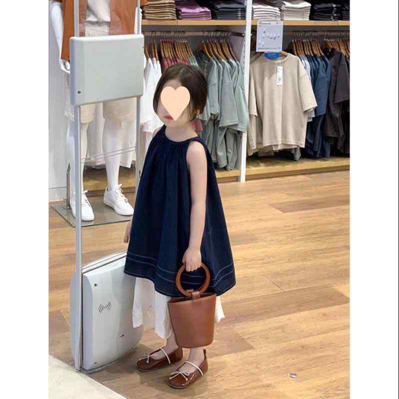 ワンピース 女の子 子供服 夏物 ノースリーブワンピース ロングスカート セットアップ 綿 コットン おしゃれ かわいい 深藍色 米色
