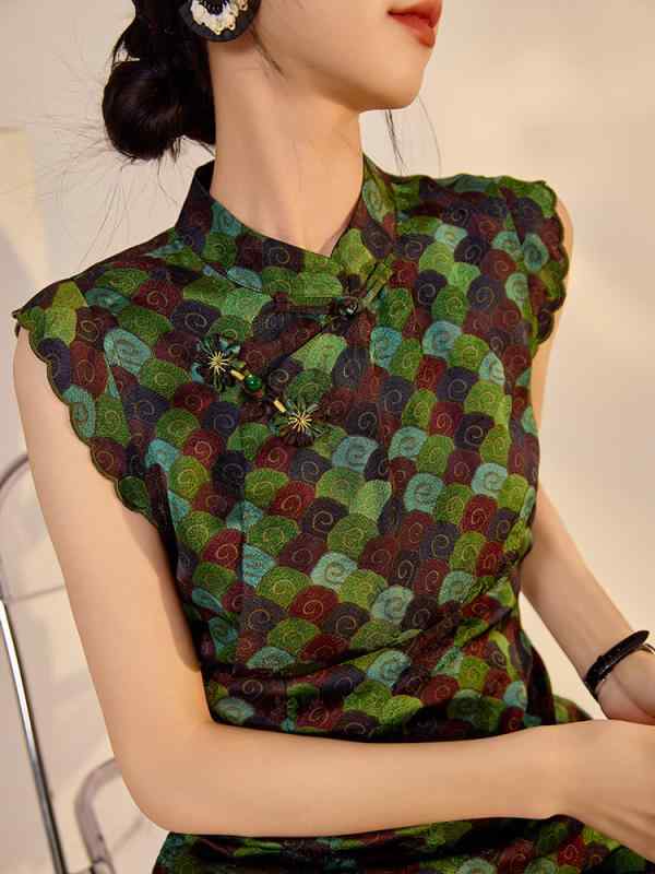 チャイナドレス レディース 春夏 Aライン ミニワンピース ノースリーブ 格子柄 立襟 ミディアムウエスト 中国風 文芸 レトロ 鉱緑色 11,436円