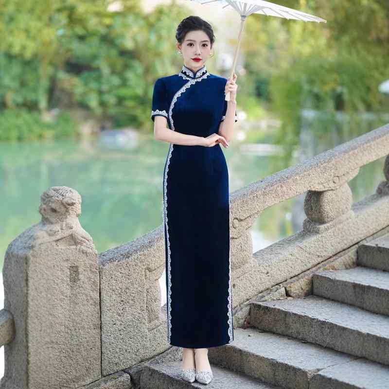チャイナドレス レディース シルベチカル風 ロングワンピース ベルベット ベロア 舞台衣装 演奏会 結婚式 パーティー ネイビー ワインレッド 紺 赤 S M L XL 2L 3L 4L