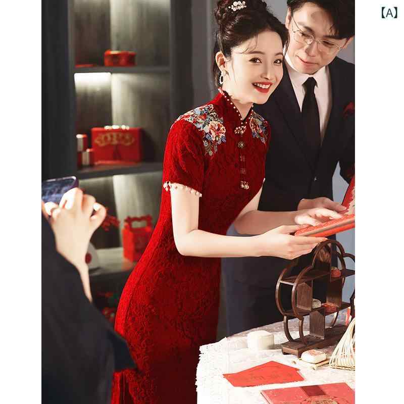チャイナドレス レディース 酒紅色 レース 結婚式 礼服 パーティードレス Uネック 高腰 半袖 修身 イブニングドレス