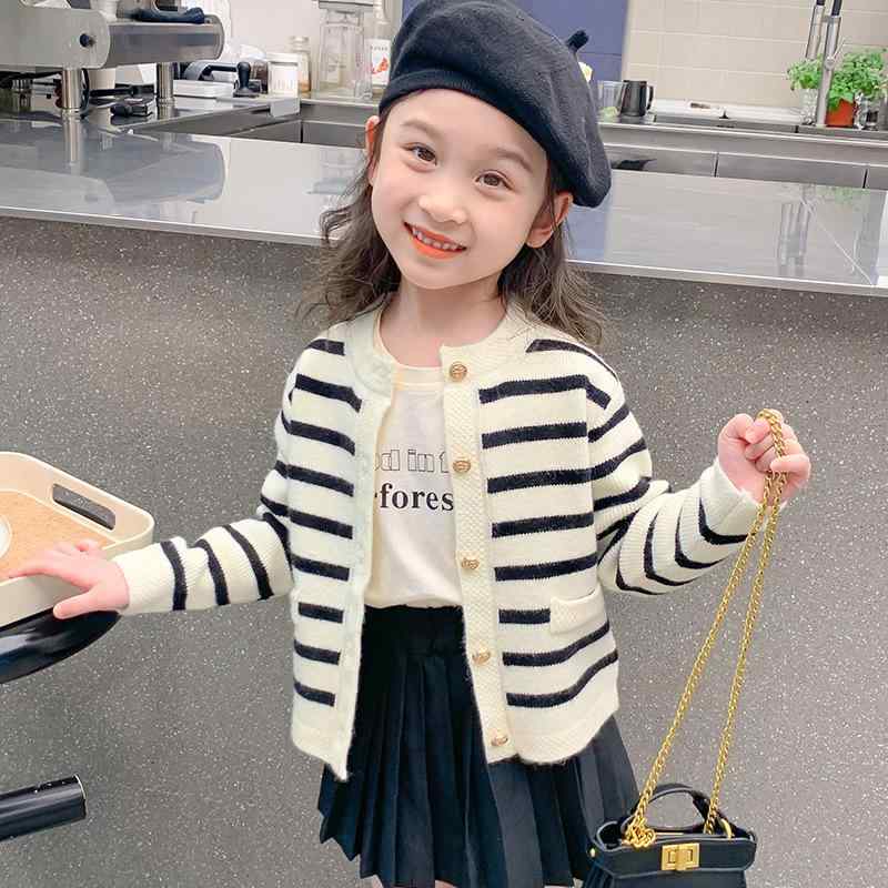 ニット カーディガン 女の子 キッズ 子供服 長袖 ストライプ 秋冬 裏起毛 90 100 110 120 130 140 150