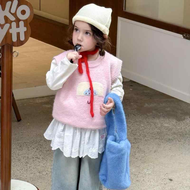 ニットベスト キッズ 女の子 子供服 トップス 韓国風 かわいい カーディガン ニット セーター 通園 通学 普段着 ベージュ ピンク系