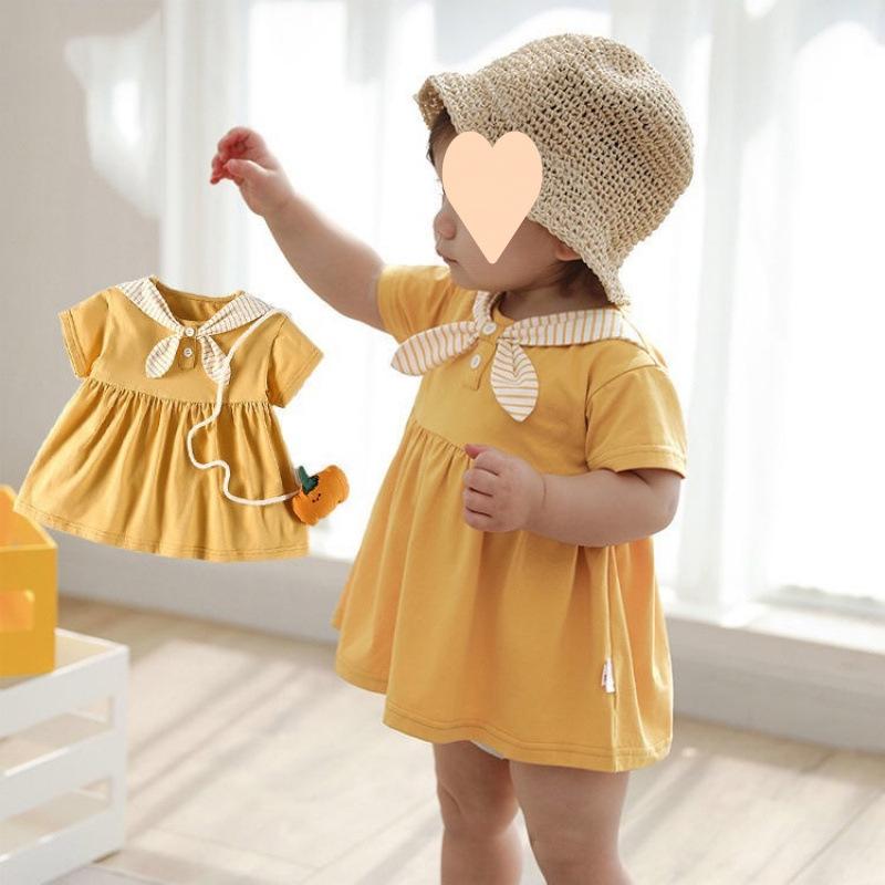 ワンピース 女の子 子供 半袖 夏 綿 プリンセス Aライン 無地 8歳以上 140cm以上 韓国風 姜黄色 ピンク系