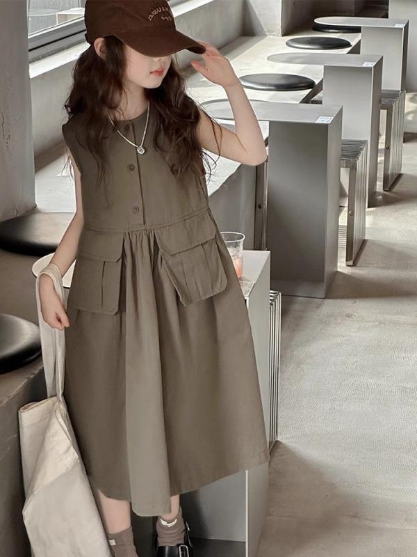 ワンピース ガールズ ノースリーブ タンクトップ スカート 子供服 女の子 中 ??? 子供 夏 普段使い リゾート 混紡 ポリエステル 無地 グレー グリーン