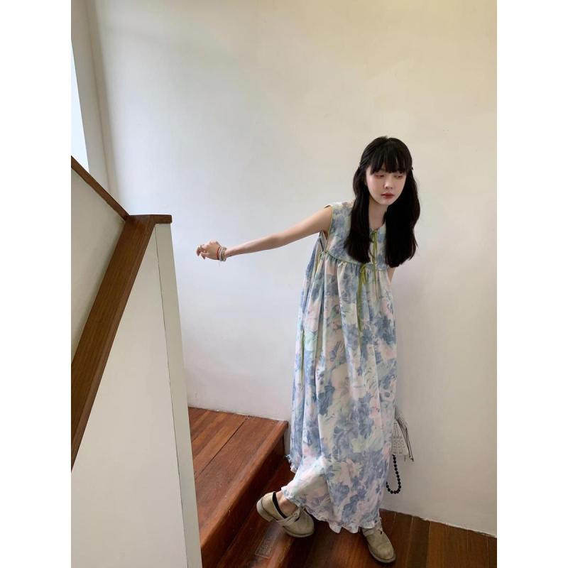 衣装 レディース ノースリーブ midi丈 ロング丈 遊撃手丈 刷り上げる 初恋 小花柄 女子らしい 口さかしい ラウンド素っ首 シュロの葉 酉の方角目じるし 窈窕たる 通い 執務室 綿織物 ポリエステル 春夏