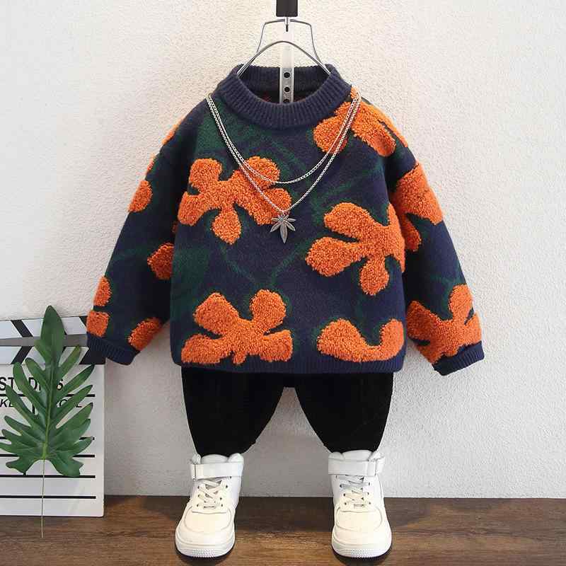 ニット・セーター キッズ 男の子 子供服 冬服 厚手 花柄 90cm 100cm 110cm 120cm 130cm 140cm 150cm ブラック かわいい 普段使い 韓国風