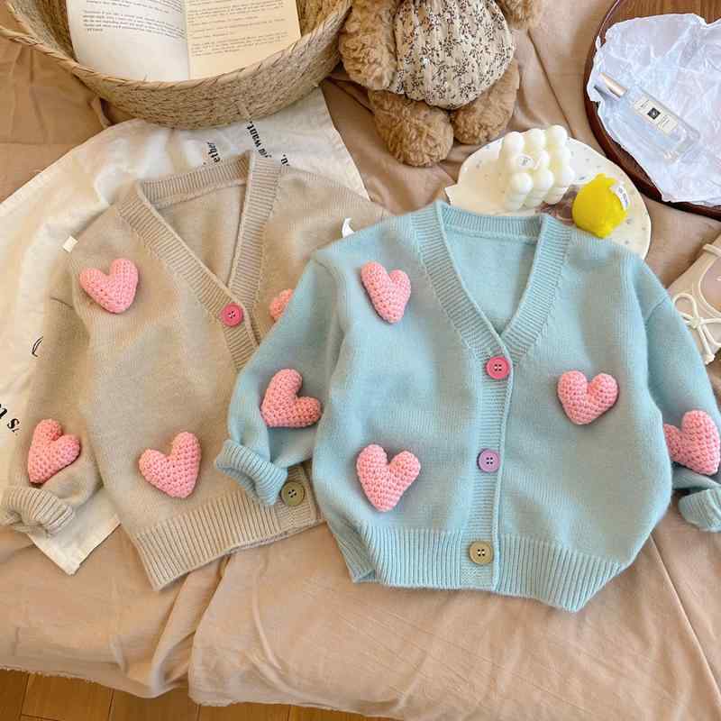 ニット・セーター ガールズ 子供服 カーディガン 立体 ハート 長袖 Vネック 90cm 100cm 110cm 120cm 130cm 140cm ブルー オートミール 秋