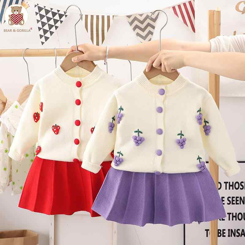 ニット アンサンブル ガールズ 子供服 女の子 カーディガン プリーツスカート 2点セット Vネック 長袖 薄手 かわいい 赤色 紫色 黄色 90cm 100cm 110cm 120cm 130cm