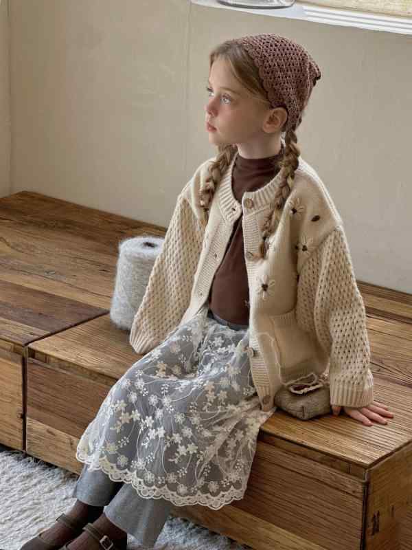 ニットカーディガン キッズ 女の子 子供服 花柄 ニットセーター 秋冬 長袖 厚手 丸首 かわいい おしゃれ コットン