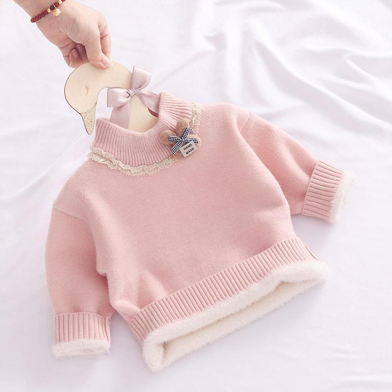 編み物 キッズ お嬢さん 裏起毛 トップス 冬 ちびっ子服 長袖 プルオーバー 普段着 愛くるしい 生あたたかい 防寒 朦々たる さくら色系 象牙色 80珊 90珊 100珊 110珊 120珊 130珊