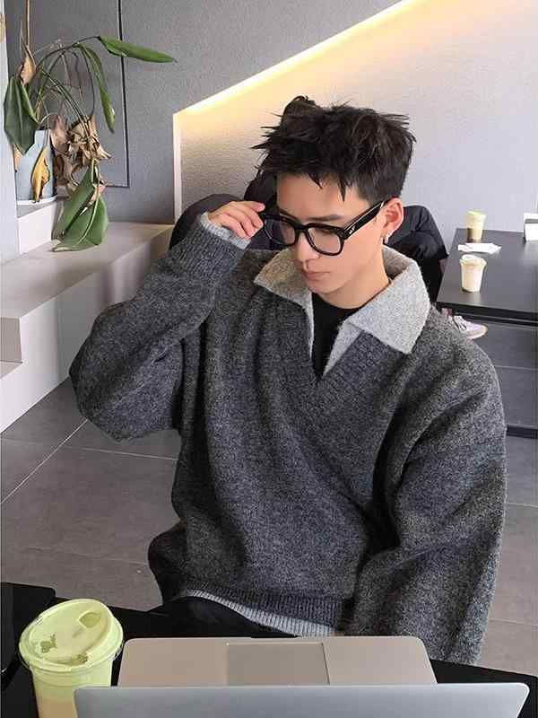 ニット メンズ 男性用 レトロ 韓国風 セーター ポロ襟 長袖 プルオーバー ゆったり 暖かい カジュアル 秋冬 灰色 カーキ色