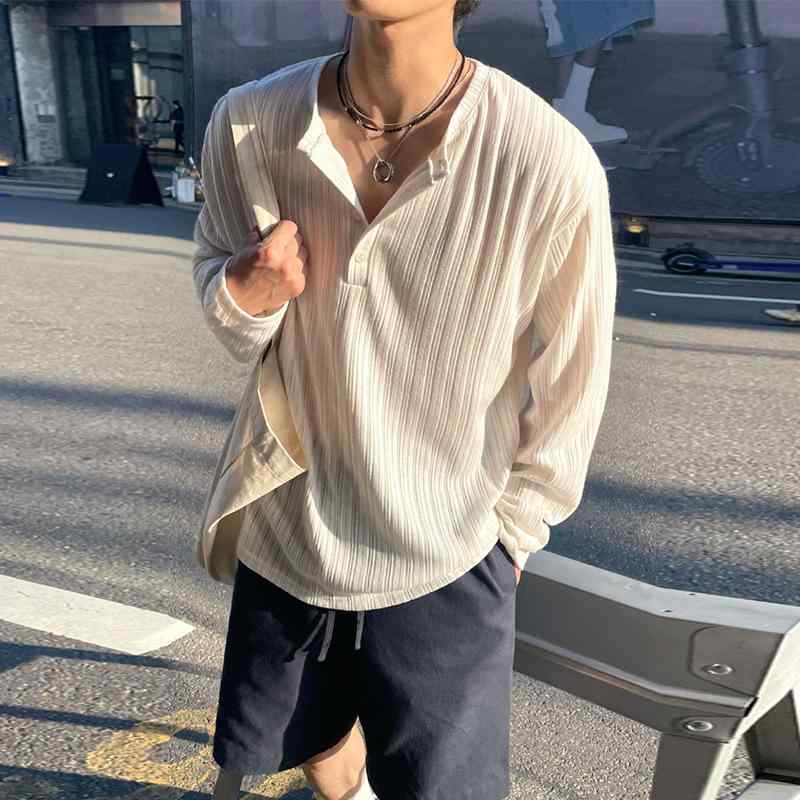 Tシャツ メンズ 男性用 ヘンリーネック リブ ストライプ 長袖 コットン トップス カットソー 伸縮性 接触冷感 吸湿速乾 カジュアル