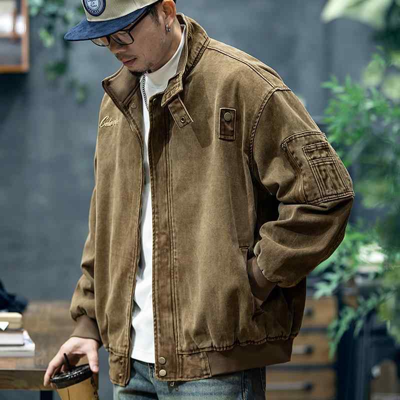 上衣 メンズ 立襟 細工物上衣 上衣 成人男性用 レトロ 厚地の外套大きさ 綿織物 無地 秋 黒いこと系 カーキ系 赤いこと系