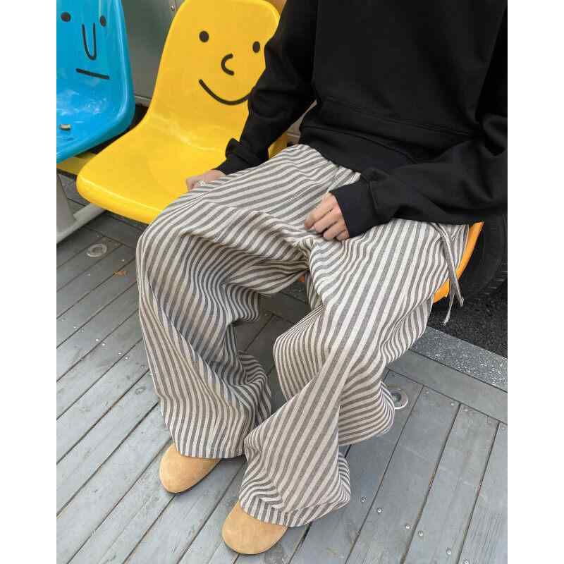 パンツ メンズ ストレート 韓国風 リラックス ワイドレッグ ストライプ柄 イージーパンツ 伸縮性 普段使い 部屋着 春