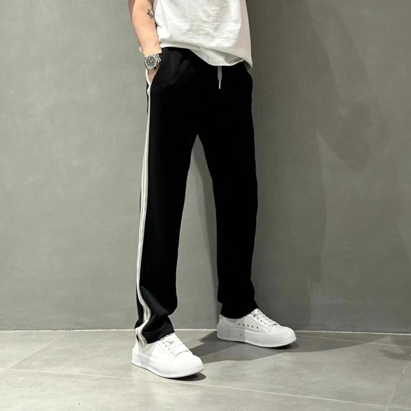 パンツ 男性用 薄手 接触冷感 サイドライン ストレートパンツ 通気性 伸縮性 テーパードパンツ 黒 白 ブルー カーキ グリーン
