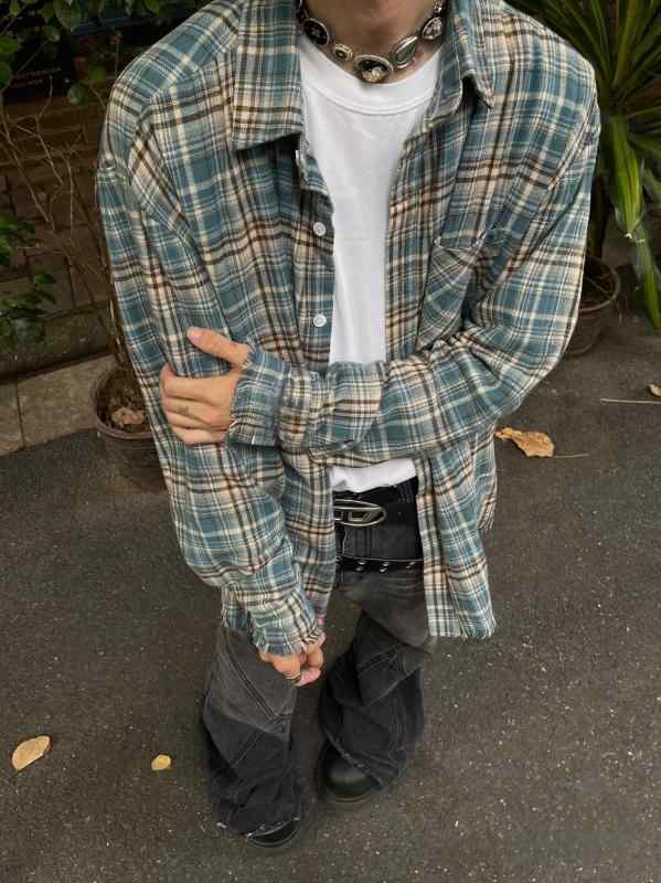 シャツ 男性用 格子柄 フランネル ルーズ ネルシャツ 長袖 ブルー系 普段使い リラックス ゆったり