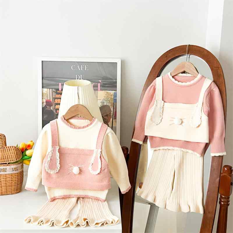キッズ ニット セットアップ 長袖トップス パンツ 上下2点セット ウサギ耳 フリル かわいい ガールズ 女の子 普段着 おしゃれ着 ホワイト ピンク系 90 100 110 120 130cm