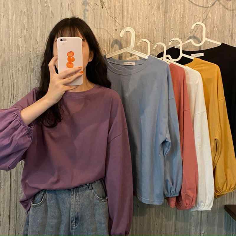 Tシャツ レディース 韓国風 ゆったり 薄手 ポリエステル 長袖 トップス ランタンスリーブ クルーネック 春秋 ブラック ピンク系