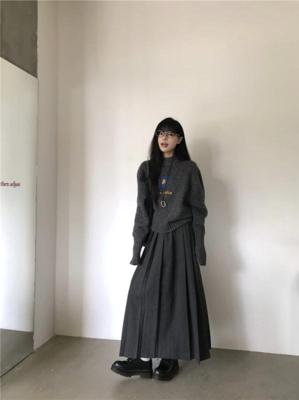 ニット レディース グレー系 レトロ ゆるふわ 長袖 コットン セーター プリーツ スカート 上下 セットアップ 私服 名媛風