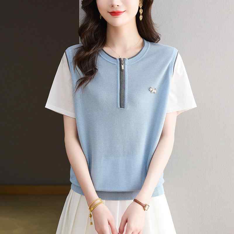 Tシャツ レディース トップス 春夏 接触冷感 薄手 カジュアル レトロ 配色 ゆったり ラウンドネック 半袖 通勤 普段使い グレー ブルー ピンク系
