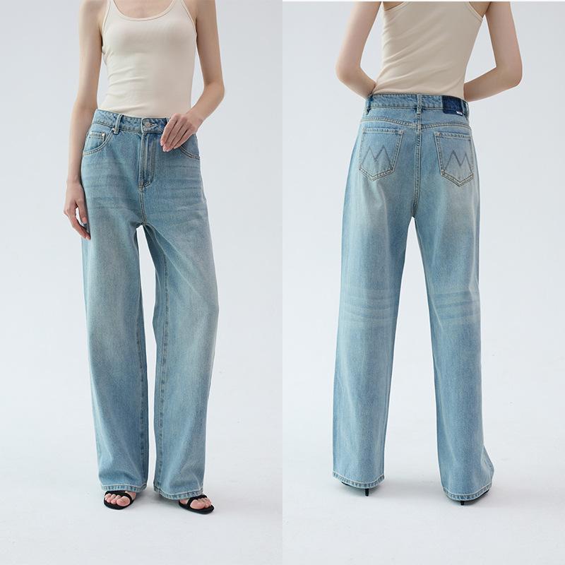 デニムパンツ レディース ハイウエスト ネットミストブルー 美脚効果 フルレングス ゆったり ワイド 綿素材 ノンストレッチ ストリートファッション ヴィンテージ風 シティカジュアル 春夏｜Tanzan
