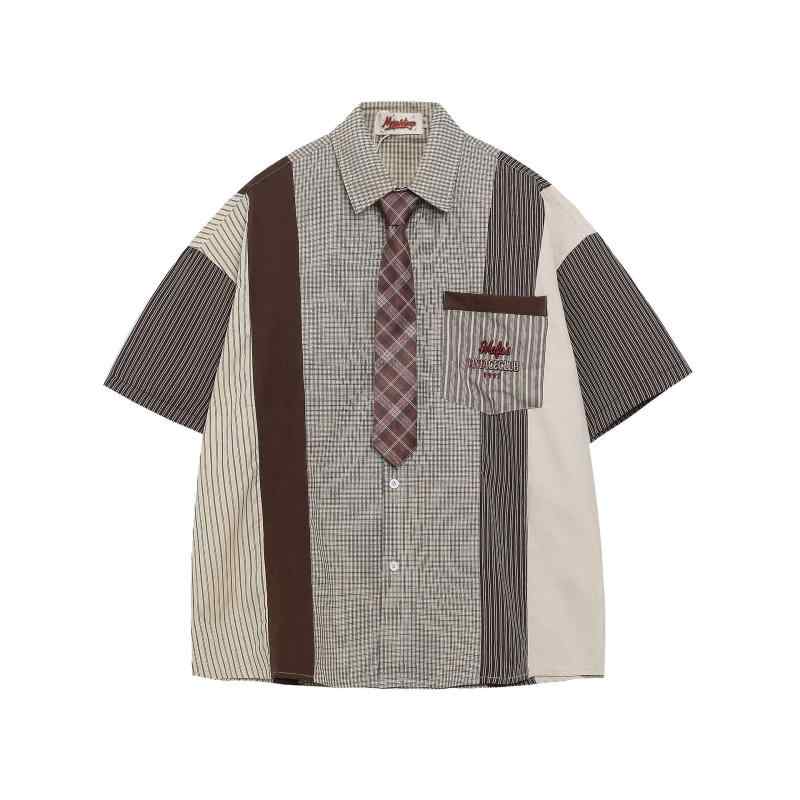 シャツ メンズ 男性用 レトロ ストライプ 切り替え 半袖 オープンカラー 綿100% トップス