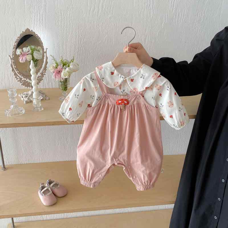 シャツ & パンツセット 女児 ベビー 小襟 長袖シャツ サロペット 韓国風 2点セット コットン ピンク系 66cm 73cm 80cm 90cm 100cm 春秋