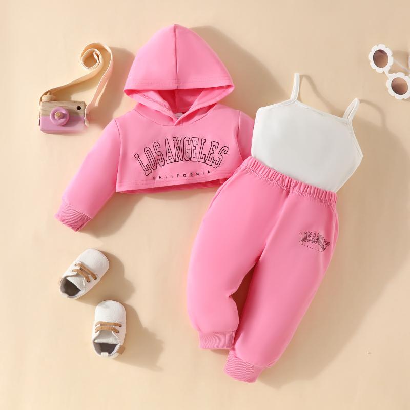 キッズ ベビー服 3点セット ニット帽付き トップス パンツ キャミソール セットアップ 女の子 幼児 普段着 長袖 字母プリント 草グリーン ピンク系 アイボリー 秋冬