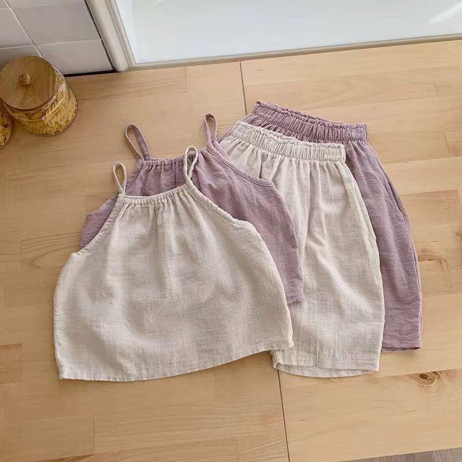 キッズ ベビー服 女の子 セットアップ 韓国風 コットン リネン キャミソール トップス パンツ 上下 2点セット 幼児 乳児 薄手 ゆったり パープル アイボリー