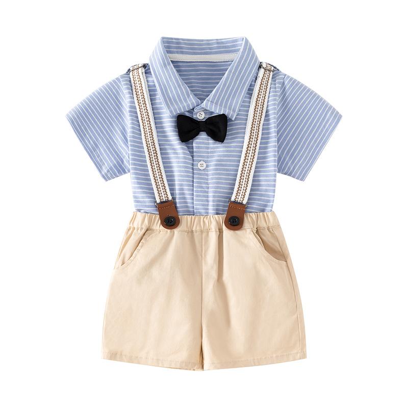 子供用フォーマルウェア 春夏 半袖シャツ 短パン サスペンダー付きパンツ 上下セット ベビー服 男の子 薄手 ストライプ柄 コットン 80 90 100 110 120cm