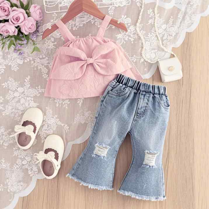 キッズ セットアップ 女の子 2点セット 夏 ノースリーブ 蝶結び トップス ダメージ デニム ショートパンツ 薄手 ピンク系